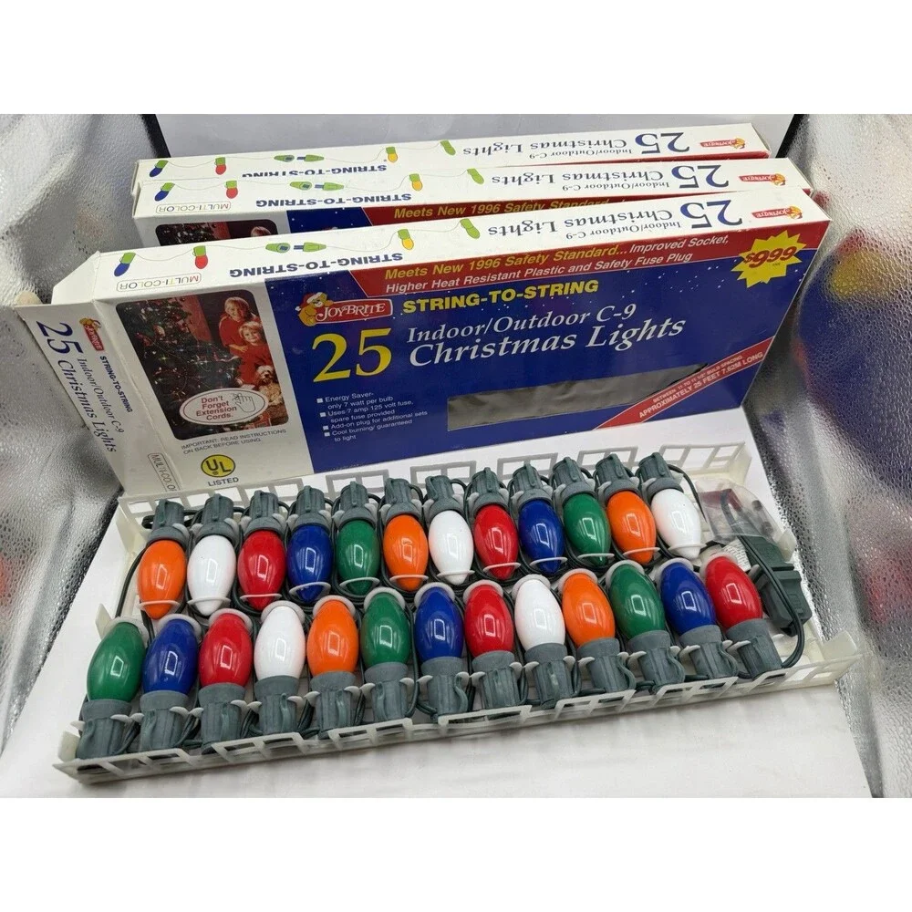 Joy Brite Christmas Multicolor Lights Set VTG C9 Glass Box Three Sets Vintage